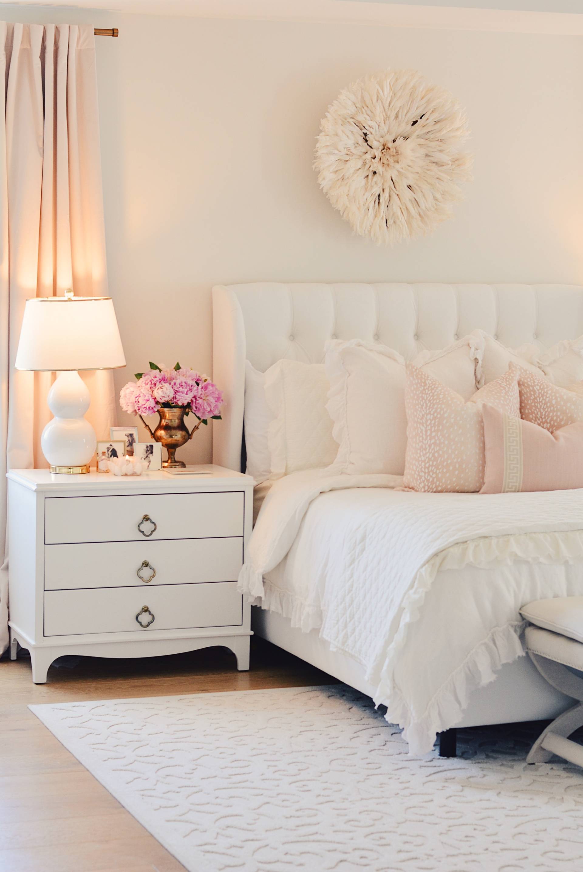 Elegant White Master Bedroom & Blush Decorative Pillowsl ...