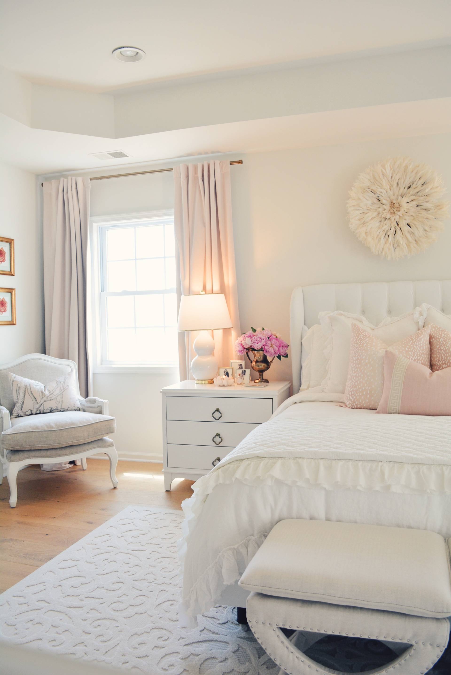 Elegant White Master Bedroom & Blush Decorative Pillows
