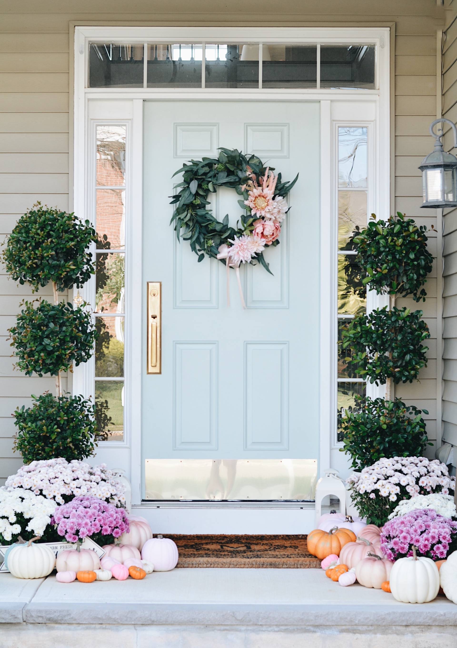 A Pink Fall Front Door Decor & Pink Pumpkins