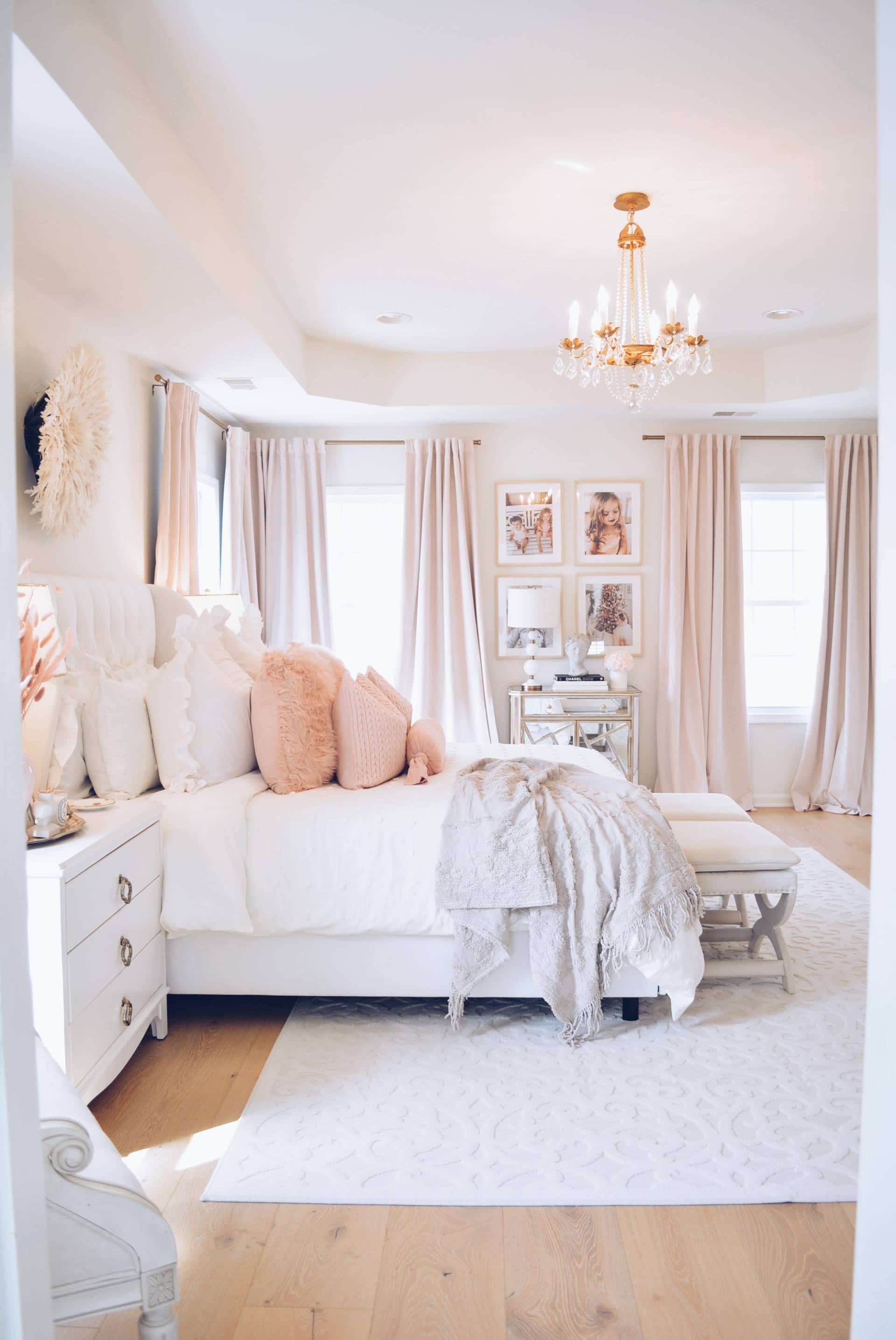 Elegant White Master Bedroom & Blush Decorative Pillows - The Pink Dream